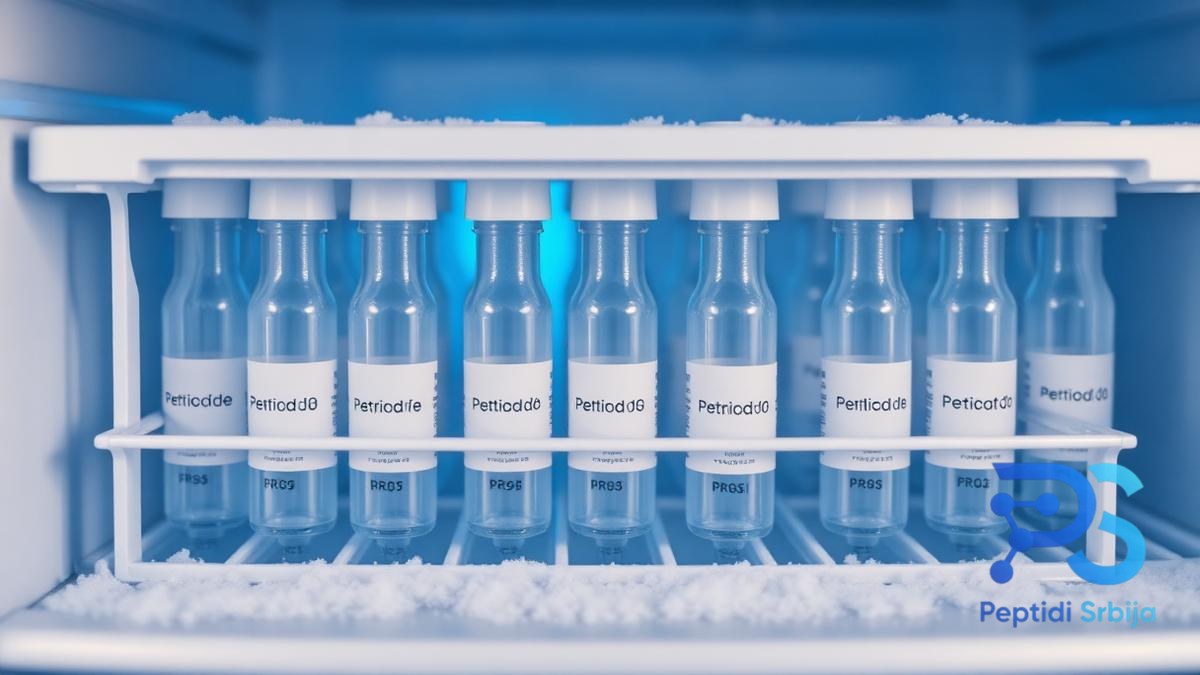 Vijale peptida u laboratorijskom frižideru na kontrolisanoj temperaturi — Bakteriostatska voda Vijale peptida u laboratorijskom frižideru na kontrolisanoj temperaturi — Bakteriostatska voda